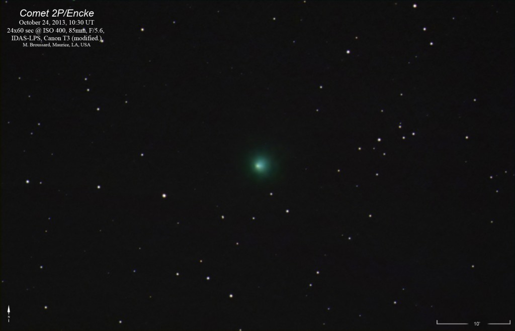 Comet 2P/Encke on Oct 24, 2013.  24x60 sec @ ISO 400, TV-85 at F/5.6, IDAS-LPS, modified Canon T3.