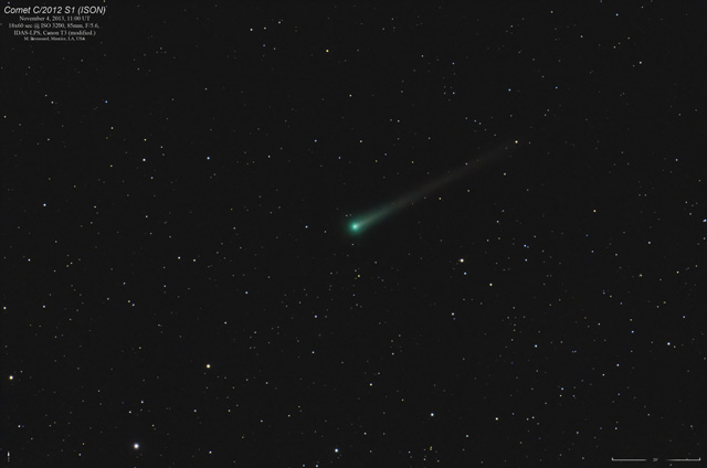 Comet ISON, Nov 4, 2013.  18x60 sec @ ISO 3200, TV-85 at F/5.6, IDAS-LPS, modified Canon T3.