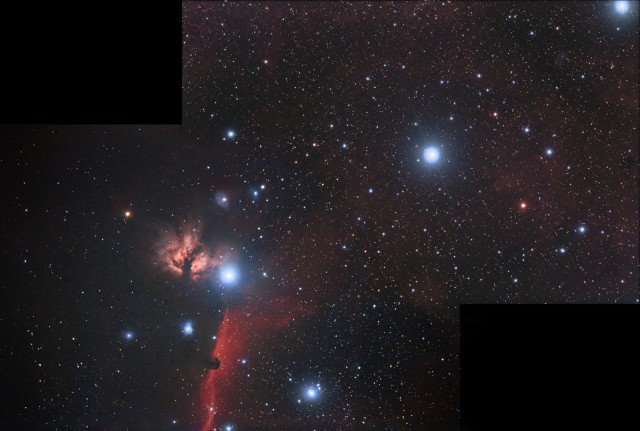 Orion’s Belt Mosaic. Upper frame is 50×60 sec @ ISO 3200, plus 40×60 @ ISO 6400. The lower frame is data from 2007, 31x180 sec ISO 1600 and 2013 data that includes 40x180 sec ISO 1600 sub-images.  Finally, there are 3×180 sec @ ISO 800. TV-85 at F/5.6, IDAS-LPS, Modified Canon T3.