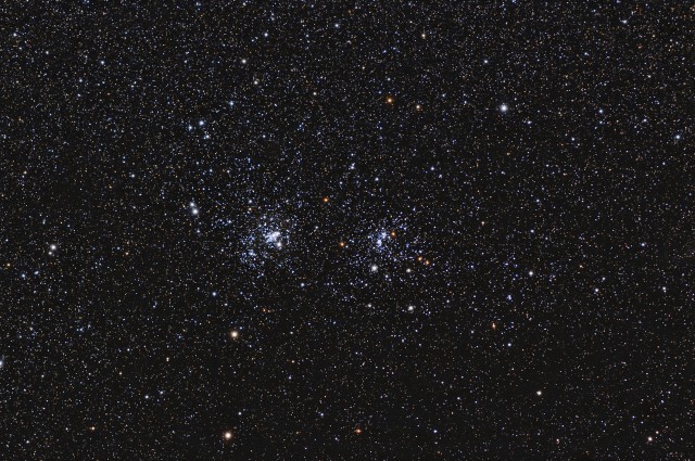 The Double Cluster on Nov 1, 2014. 40x180 sec @ ISO 400, TV-85 at F/5.6, IDAS-LPS, Modified Canon T3.