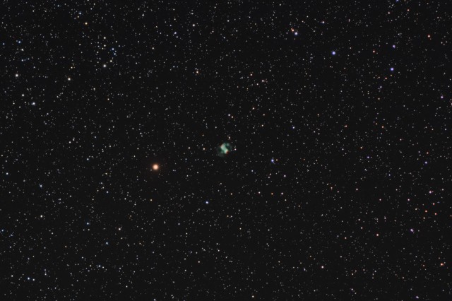 The "Little Dumbell Nebula".  50 x 180 sec @ ISO 1600.  TV-85 at F/5.6, IDAS-LPS, Modified Canon T3.