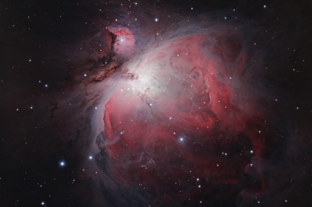 The Orion Nebula on Nov 28, 2014. 24x60 sec and 27x300 sec @ ISO 1600, C8 at F/6.3, IDAS-LPS, Canon T3 (modified.)