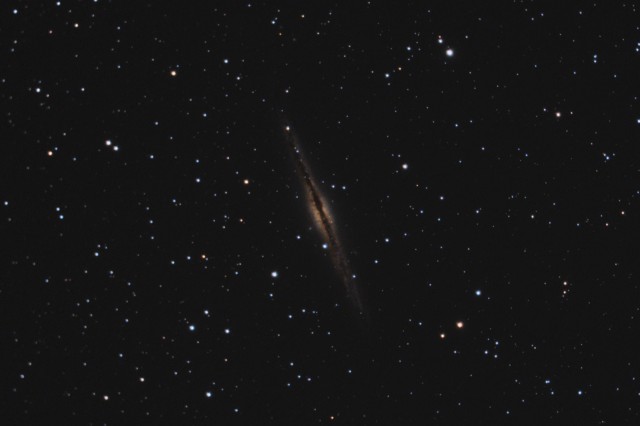 NGC 891 on Nov 27, 2014.  35x300 sec @ ISO 1600, C8 at F/6.3, IDAS-LPS, Canon T3 (modified.)