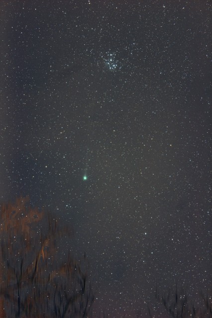 Comet Lovejoy and the Pleiades. 17x120 sec @ ISO 1600, 55mm F/5.6, Canon XS (modified.)