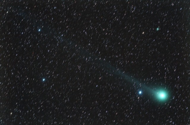 Comet Lovejoy & Little Dumbbell Nebula.  56x60 sec @ ISO 6400, TV-85 at F/5.6, IDAS-LPS, Canon T3. StarStreaks version.