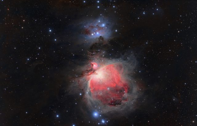 Orion Nebula & The Running Man Nebula. TV-85 for the base image and a C-8 image for the core. Darker version.