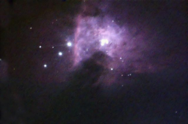Orion Nebula Core Area. 32 frames, 350ms, Aptina AR0130 Color Imager/Guider, 6" F/8 Newtonian, Dobsonian mount.