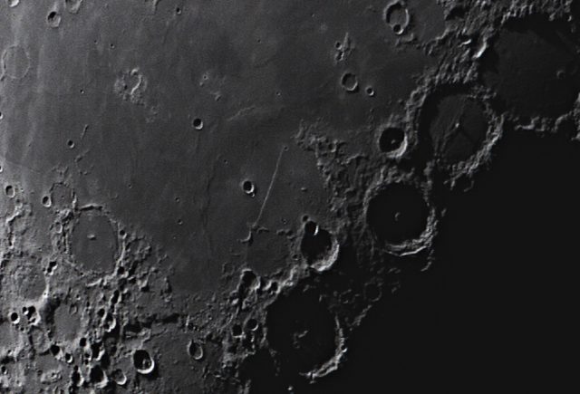 Rupes Recta - The Straight Wall on the Moon.  3 frames stacked in IRIS, wavelets and unsharp masking.  