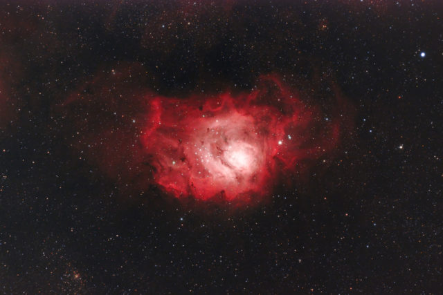The Lagoon Nebula on September 11, 2021. 20x180 sec @ Gain 11, Offset 50, QHY183c at -15C, L-eNhance filter, Astro-Tech AT60ED at F/4.8, SharpCap 3.2 Live Stacking in metro-area conditions.