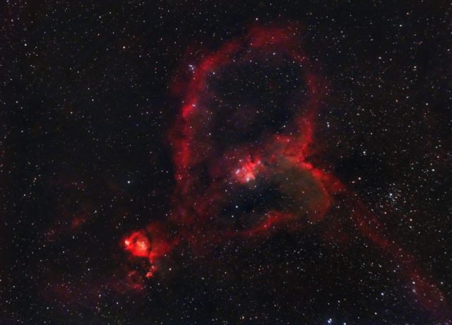 The Heart Nebula. 56x180 sec (nebula,) 18x180 sec (stars,) QHY294C at -10C, Gain 1600, Offset 50, Baader UHC-S filter, Astro-Tech AT60ED at F/4.8.