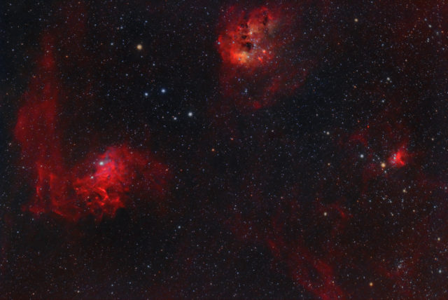 The Flaming Star and Tadpoles Nebulae area. 75x180 sec, QHY294C at -10C, Antlia Triband filter, Astro-Tech AT60ED at F/4.8.