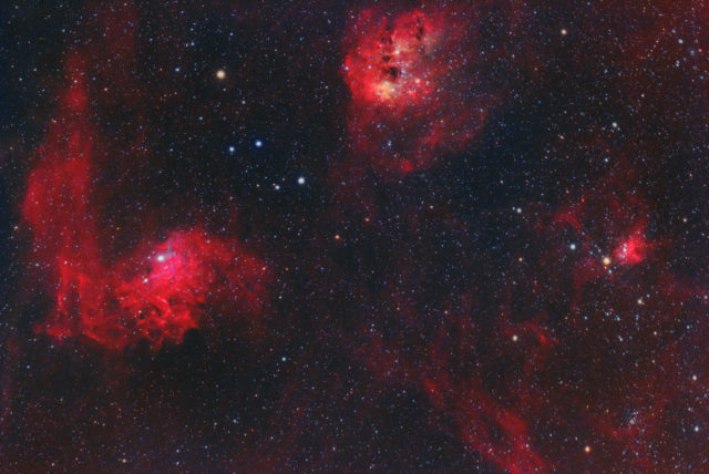 The Flaming Star and Tadpoles Nebulae area. 75x180 sec, QHY294C at -10C, Antlia Triband filter, Astro-Tech AT60ED at F/4.8. Lighter version.