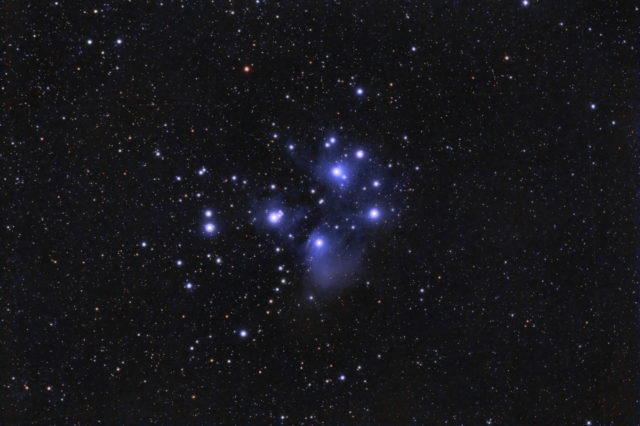M45, the Pleiades. 21x180 sec, QHY294C at -10C, Gain 1600, Offset 50, Antlia Triband RGB Ultra filter, Astro-Tech AT60ED at F/4.8.