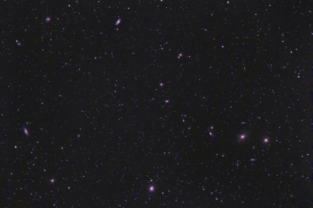 The Virgo Cluster and Mankarian's Chain area. 40x180 sec, QHY294C at -10C, Antlia Triband filter, Astro-Tech AT60ED at F/4.8.