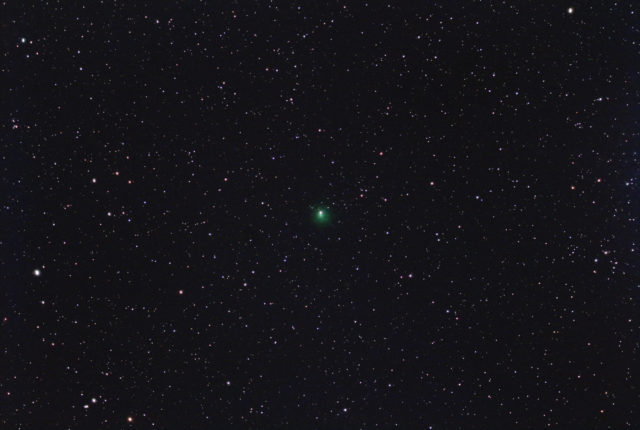 Comet 144P/Kushida. 15x180 sec, AT60ED, QHY294C, Antlia Triband filter. Star Freeze version.