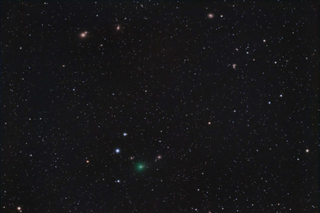 Comet 62P/Tsuchinschan in the Virgo Cluster. 68 x 180 sec, QHY294C at -10C, Astro-Tech AT60EDP at F/5, Antlia Triband RGB Ultra filter.